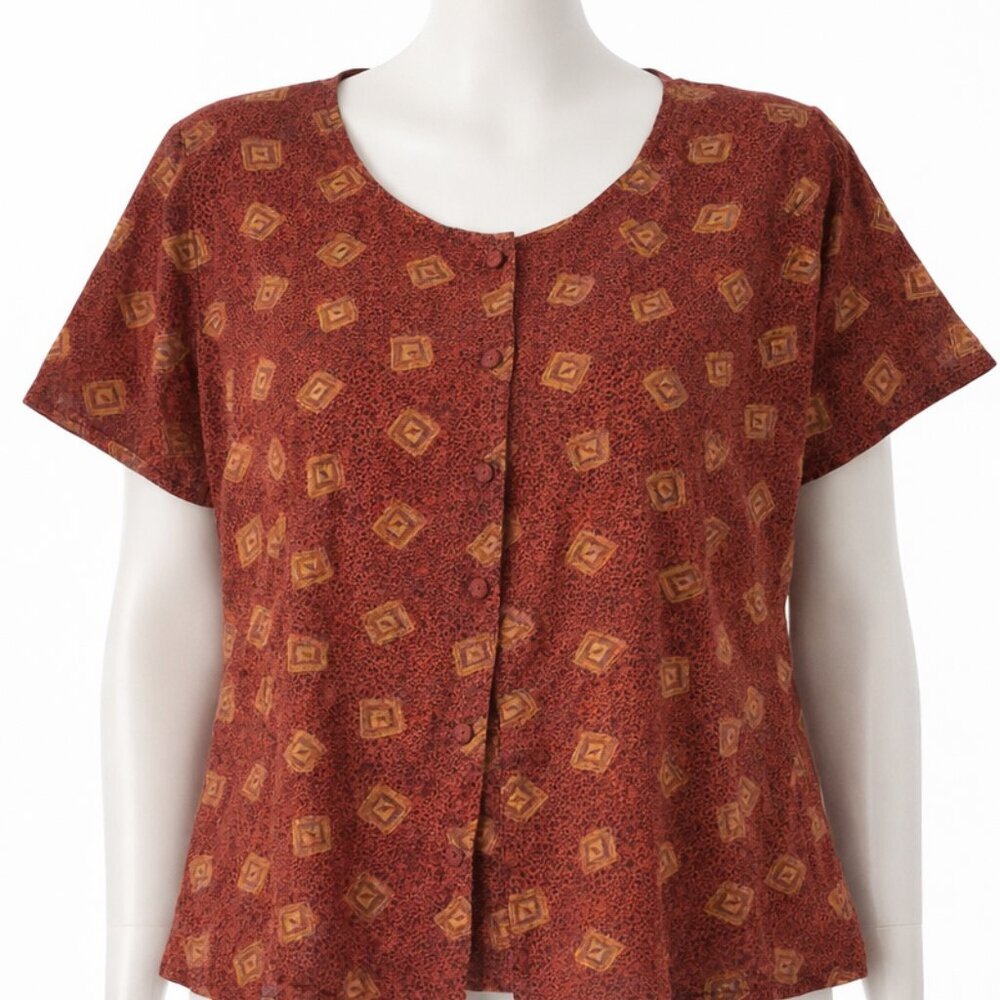 VTG Carole Little Red & Black Geometric Print Button-Up Top | 100% Rayon